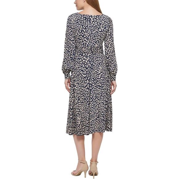 Jessica Howard Womens Navy Leopard Print Ruched Midi Dress NWOT - Picture 2 of 3